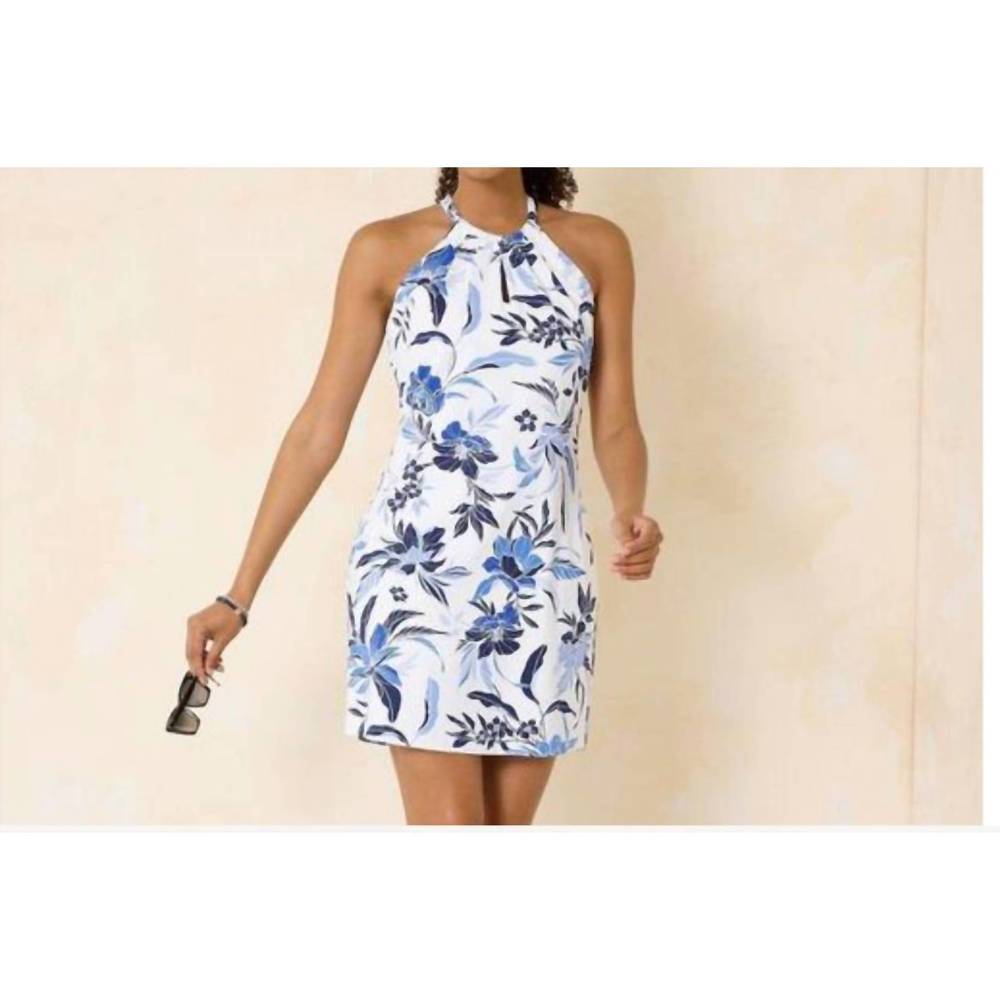 Tommy Bahama White Halter Dress with Blue Floral Print